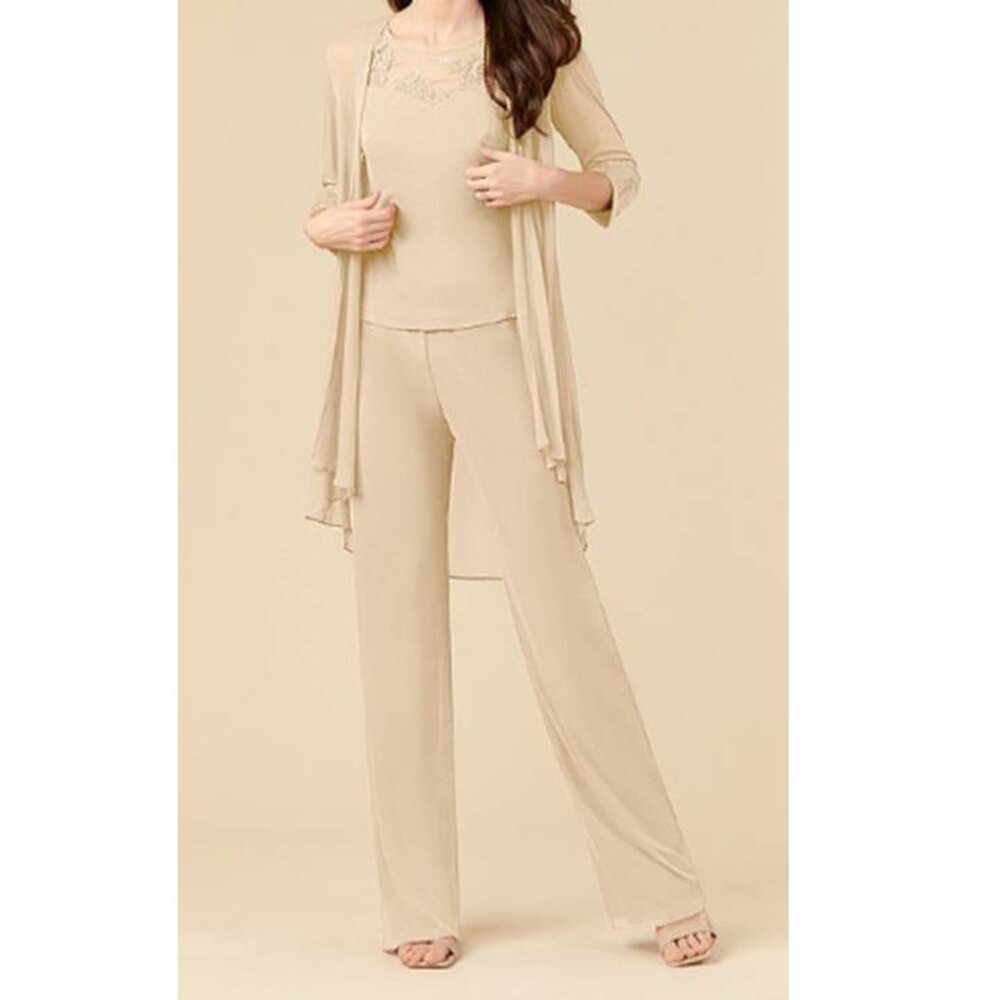 Azazie Women's Frances Lovely Stretch 3 Piece Mesh Set Beaded Lace Party Beige